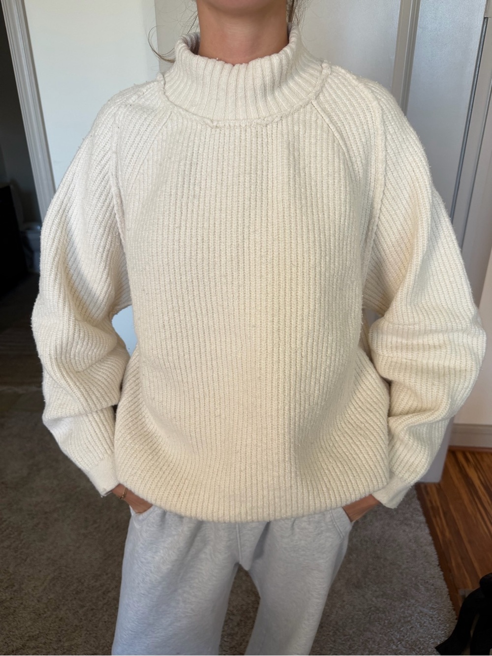 Free People Cream Ribbed Mock Neck Sweater